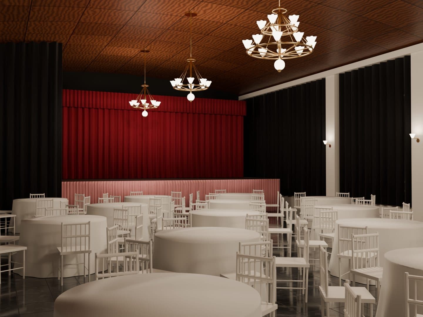 Maqueta 3D del Teatro Cristal con mesas redondas frente al escenario, vista desde el costado de la sala