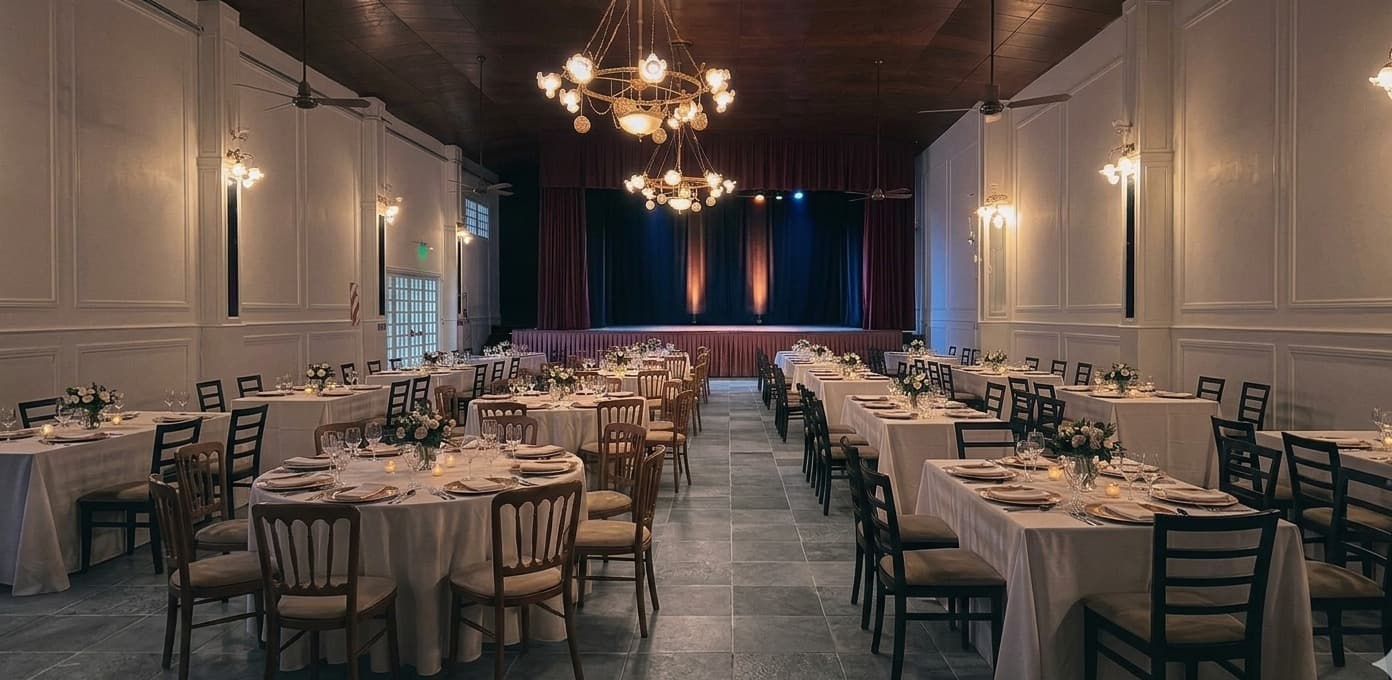 Teatro de Salón Cristal con escenario y mesas para eventos